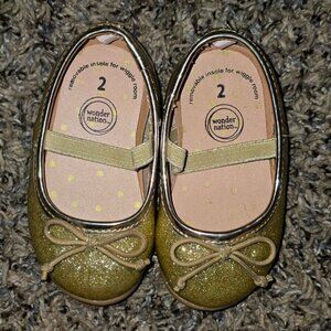 Wonder Nation Gold Glitter Bow Ballet Flats Size 2 Baby Girls